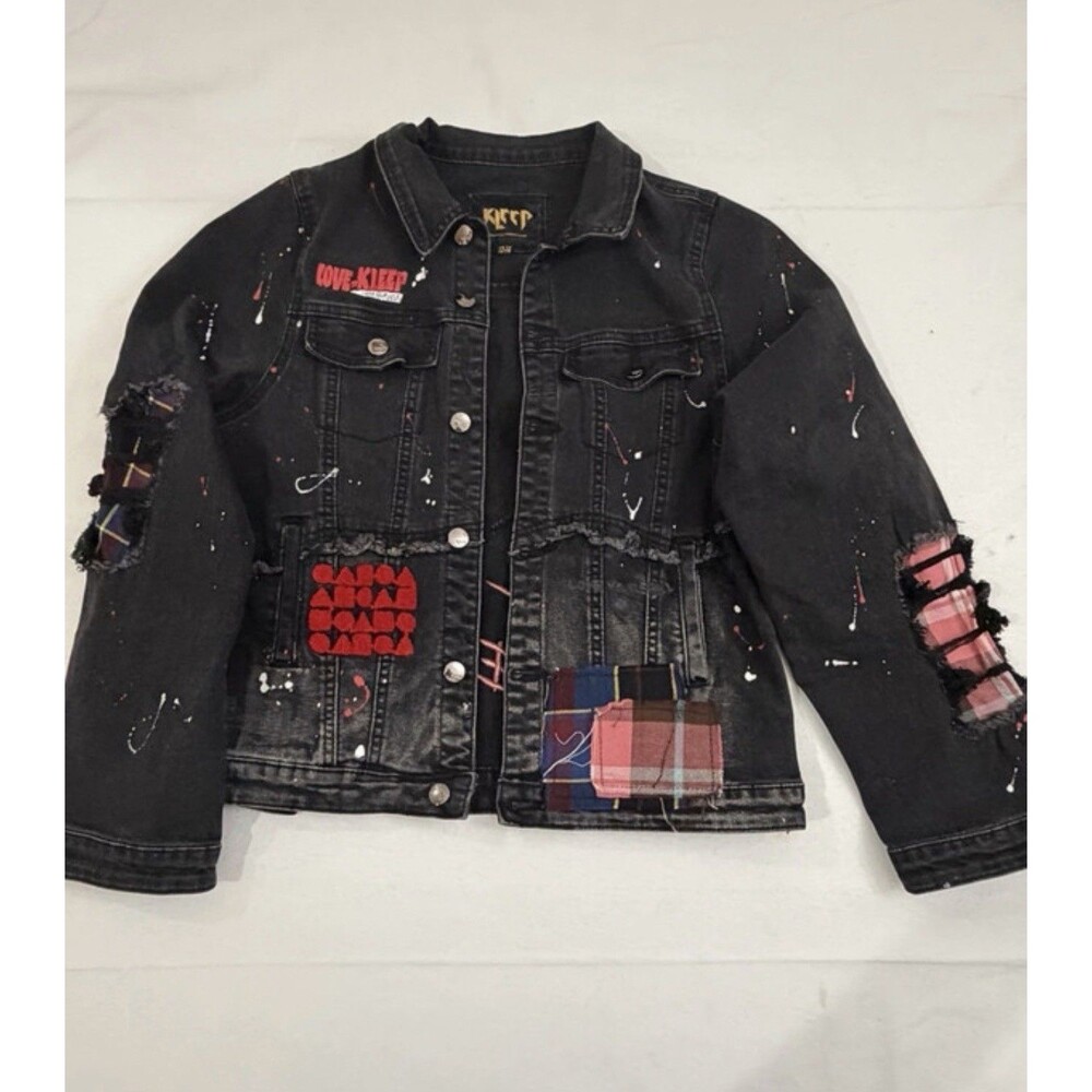 KLEEP Unisex Denim Jacket XS S Graffiti Patchwork Distressed Punk Streetwear - Picture 2 of 9